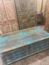 Moody Blue Rustic Bohemian Coffee Table with Storage Blanket Trunk