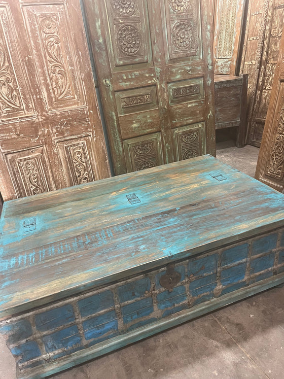 Moody Blue Rustic Bohemian Coffee Table with Storage Blanket Trunk