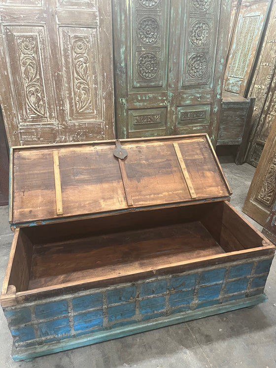 Moody Blue Rustic Bohemian Coffee Table with Storage Blanket Trunk