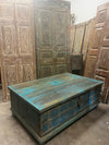 Moody Blue Rustic Bohemian Coffee Table with Storage Blanket Trunk