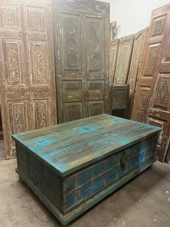 Moody Blue Rustic Bohemian Coffee Table with Storage Blanket Trunk