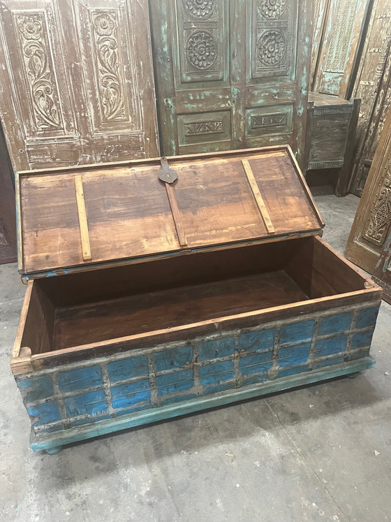 Moody Blue Rustic Bohemian Coffee Table with Storage Blanket Trunk