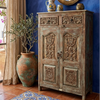 Antique Carved Cabinet Distressed Blue Teak Wood Floral Accent Armoire 57
