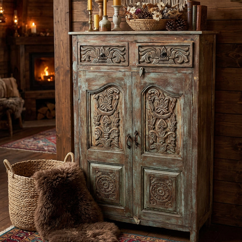 Antique Carved Cabinet Distressed Blue Teak Wood Floral Accent Armoire 57