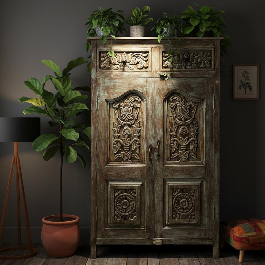 Antique Carved Cabinet Distressed Blue Teak Wood Floral Accent Armoire 57