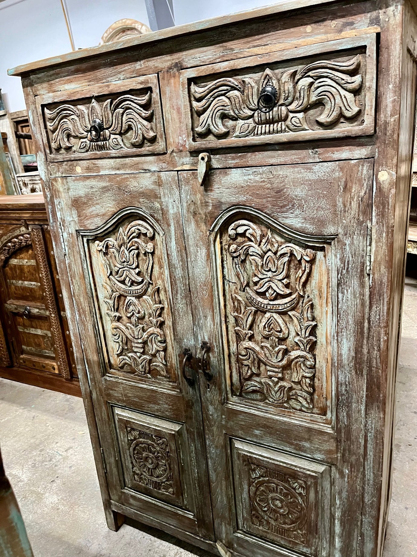 Antique Carved Cabinet Distressed Blue Teak Wood Floral Accent Armoire 57
