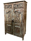 Antique Carved Cabinet Distressed Blue Teak Wood Floral Accent Armoire
