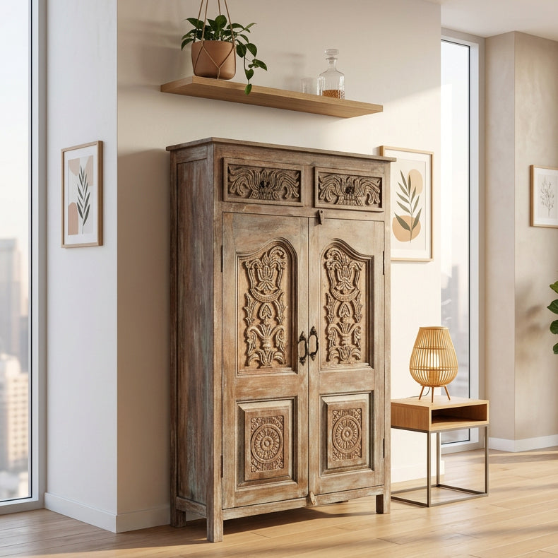 Antique Carved Cabinet Distressed Blue Teak Wood Floral Accent Armoire 57