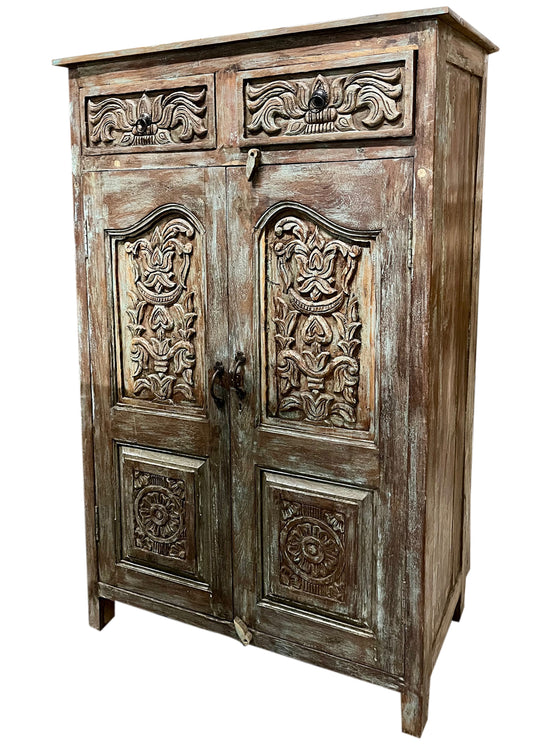 Antique Carved Cabinet Distressed Blue Teak Wood Floral Accent Armoire