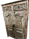 Antique Carved Cabinet Distressed Blue Teak Wood Floral Accent Armoire
