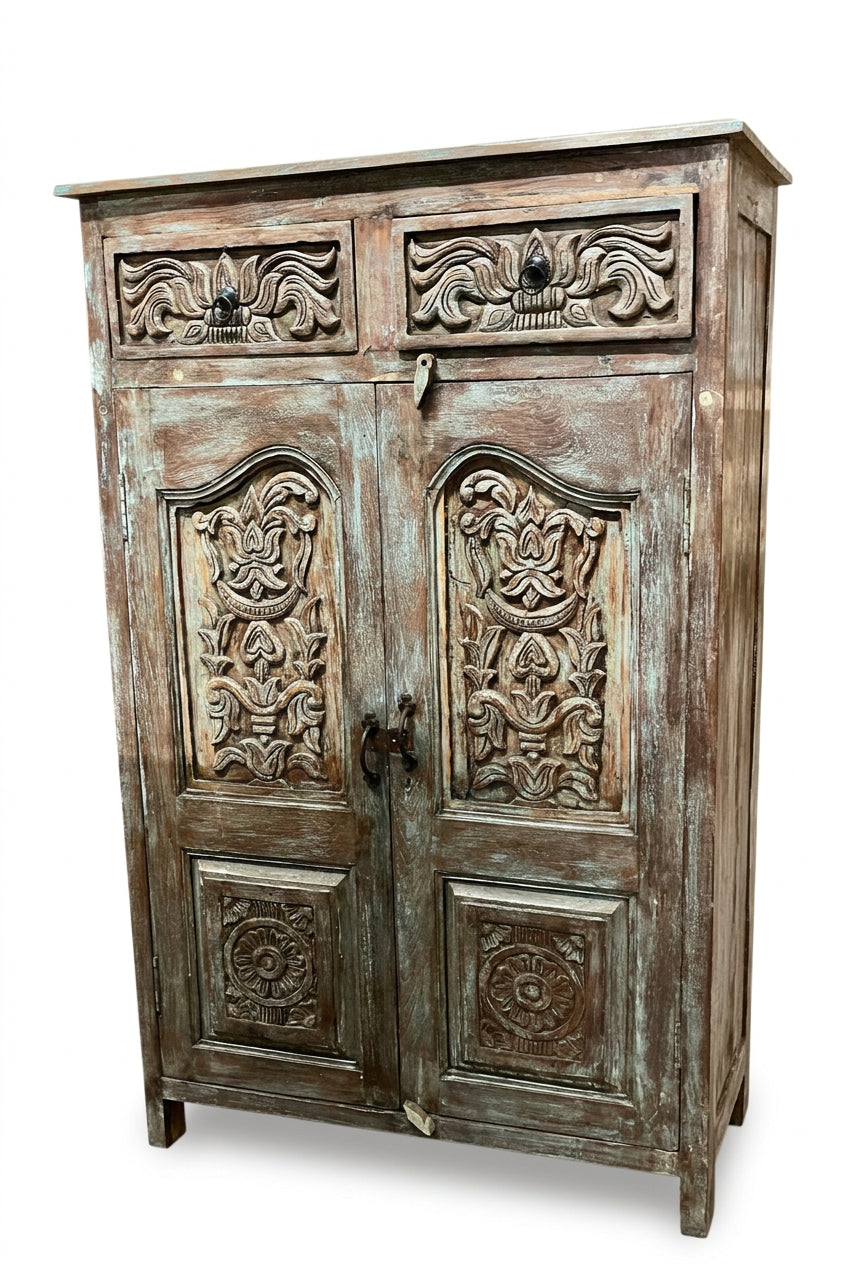 Antique Carved Cabinet Distressed Blue Teak Wood Floral Accent Armoire 57