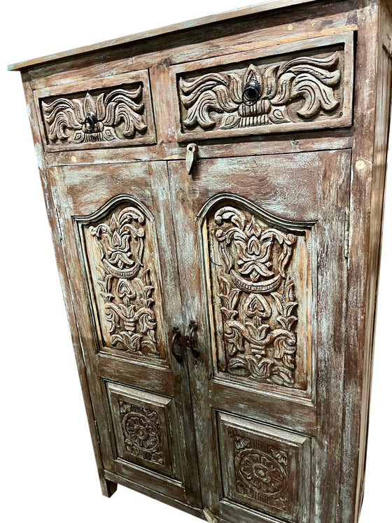 Antique Carved Cabinet Distressed Blue Teak Wood Floral Accent Armoire