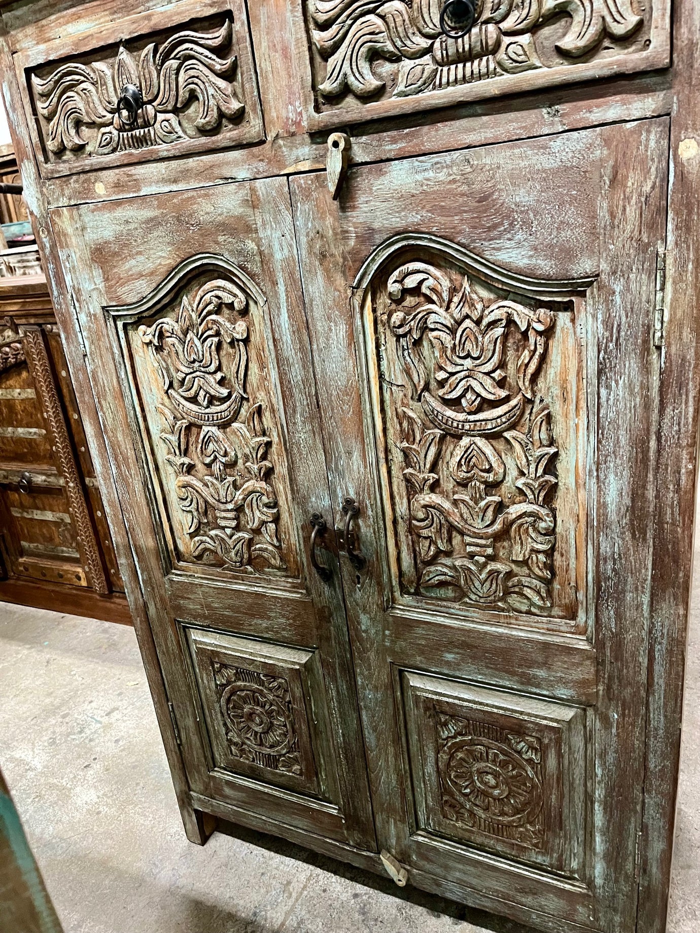 Antique Carved Cabinet Distressed Blue Teak Wood Floral Accent Armoire 57