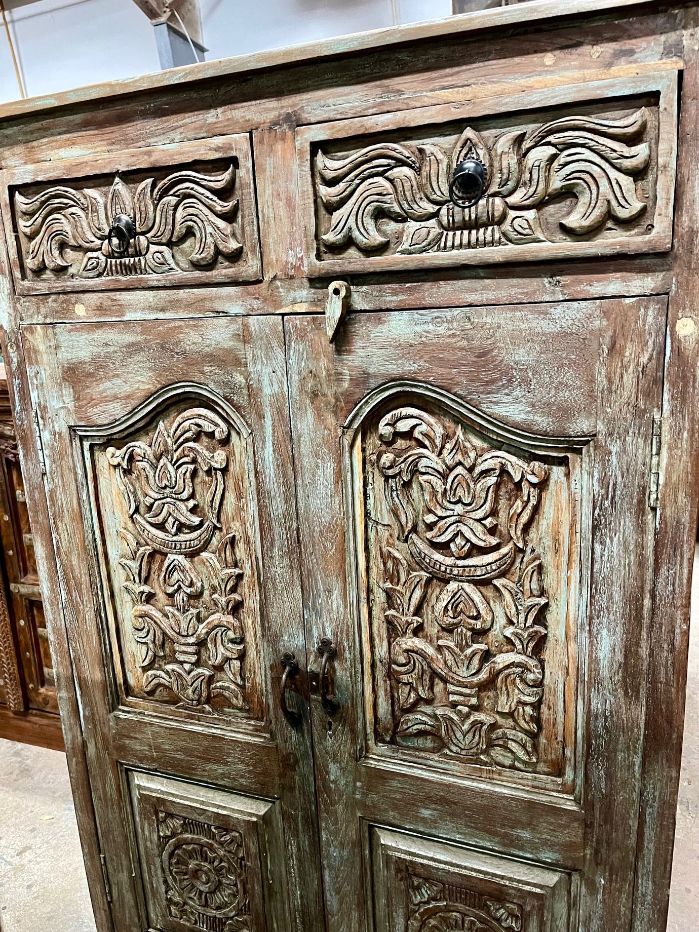 Antique Carved Cabinet Distressed Blue Teak Wood Floral Accent Armoire 57