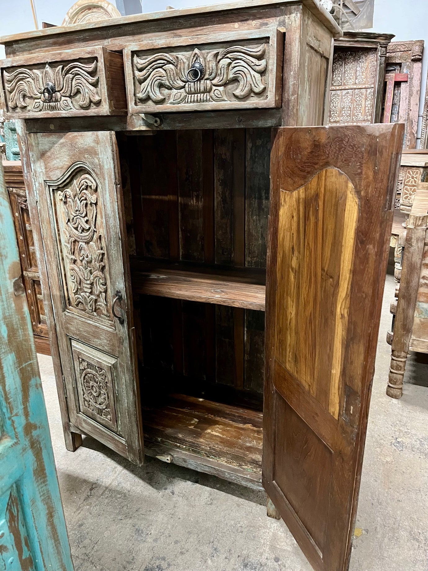 Antique Carved Cabinet Distressed Blue Teak Wood Floral Accent Armoire 57