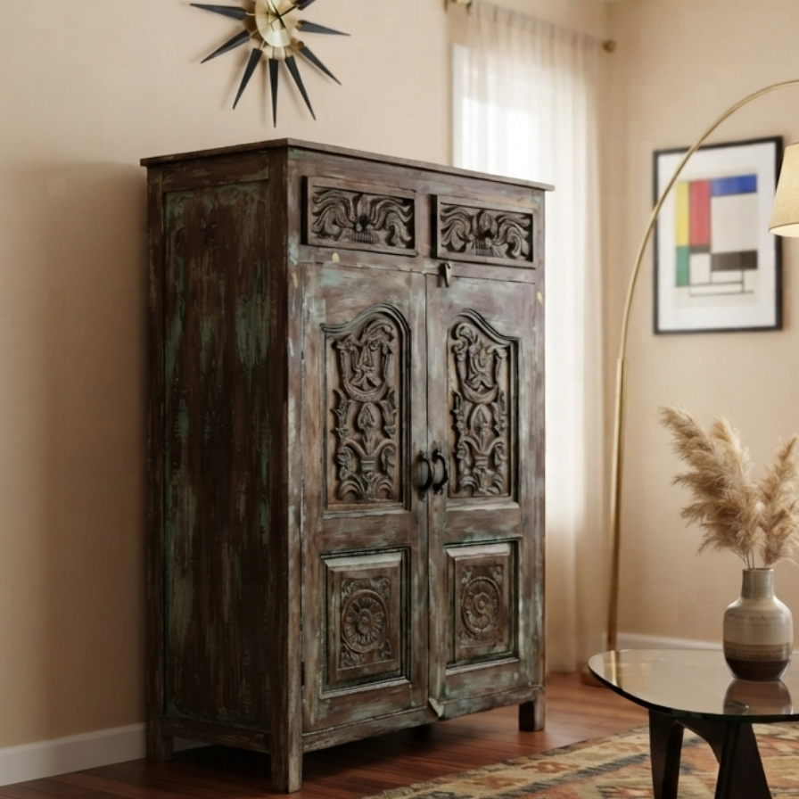 Antique Carved Cabinet Distressed Blue Teak Wood Floral Accent Armoire 57