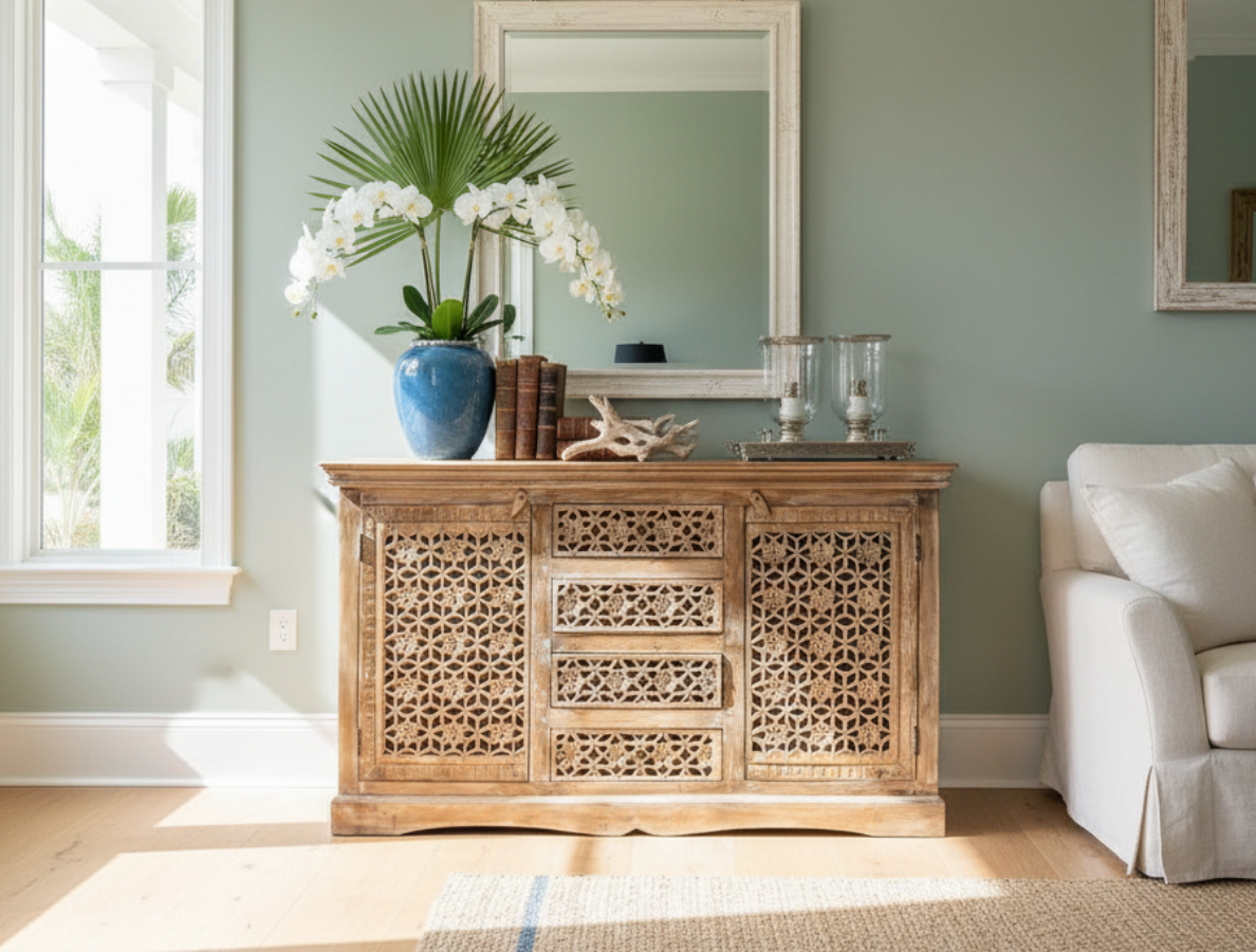 Natural Whitewash Carved Sideboard Buffet Dresser Boho Credenza Chest 59x35