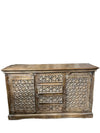 Sandwashed Carved Sideboard Buffet Storage Cabinet Lattice Carved Bar Credenza