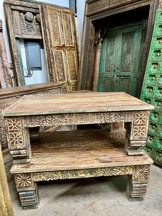 Limewash Rustic Wood Coffee Table with Carved Legs