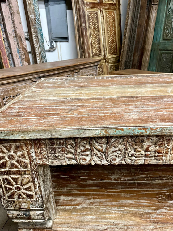Limewash Rustic Wood Coffee Table with Carved Legs
