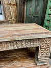 Limewash Rustic Wood Coffee Table with Carved Legs