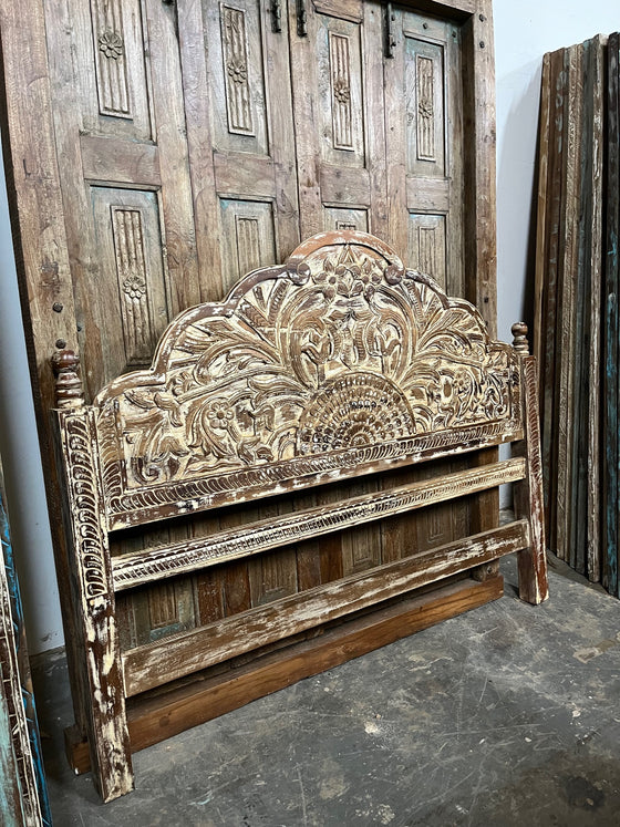 Lotus Headboard Scalloped Hand Carved Whitewash Queen Headboard