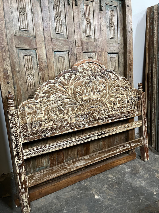 Lotus Headboard Scalloped Hand Carved Whitewash Queen Headboard 