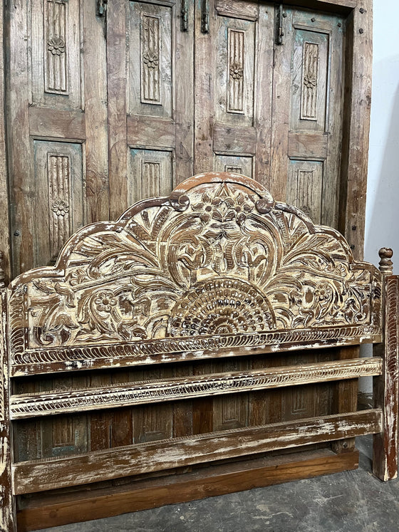Lotus Headboard Scalloped Hand Carved Whitewash Queen Headboard