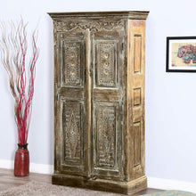  Antique Whitewashed Carved Armoire Wardrobe – Vintage Library & Bar Cabinet, 80