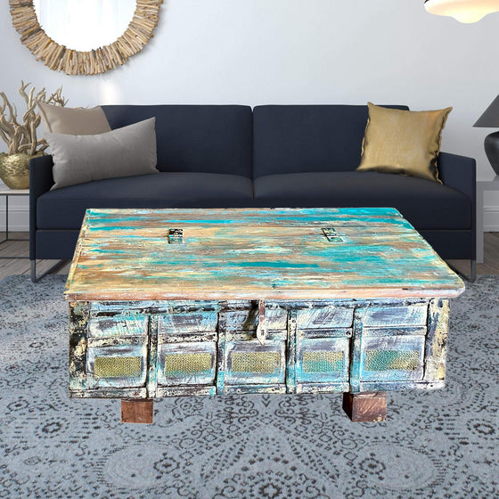 Rustic Vintage Chest Wedding Trunk with Blue Patina Coffee Table