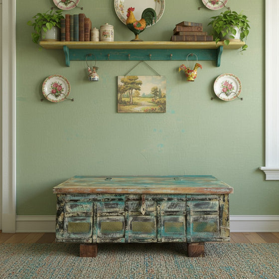 Rustic Vintage Chest Wedding Trunk with Blue Patina Coffee Table Trunk Chest