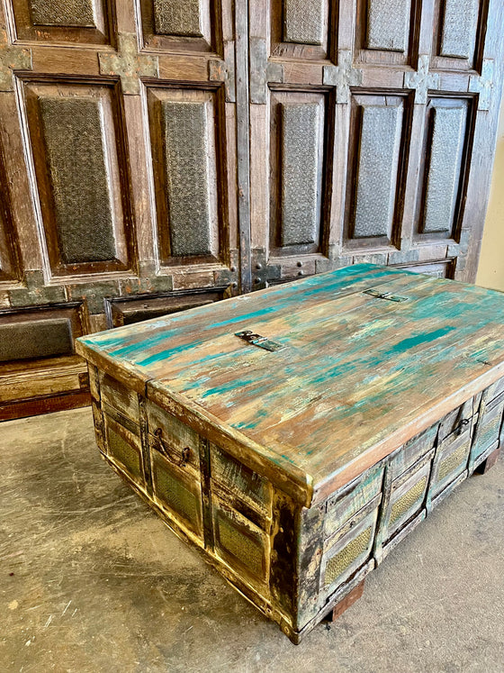 Rustic Vintage Chest Wedding Trunk with Blue Patina Coffee Table Trunk Chest