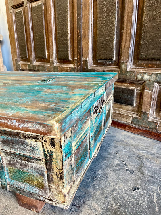 Rustic Vintage Chest Wedding Trunk with Blue Patina Coffee Table Trunk Chest