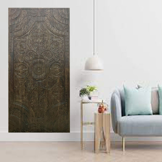 Boho Lotus Carved Wall Panel Dark Wood Headboard