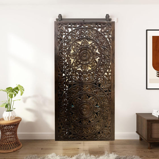 Lattice Carved Vintage Sliding Door Dark wood Rustic Farmhouse Door
