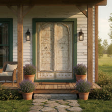  Antique Whitewash Door – Rustic Carved Farmhouse Barndoor with Brass Trim