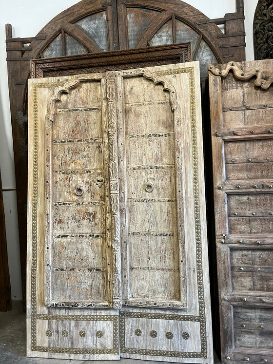 Antique Whitewash Door – Rustic Carved Farmhouse Barndoor with Brass Trim