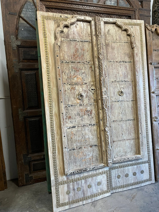 Antique Whitewash Door – Rustic Carved Farmhouse Barndoor with Brass Trim