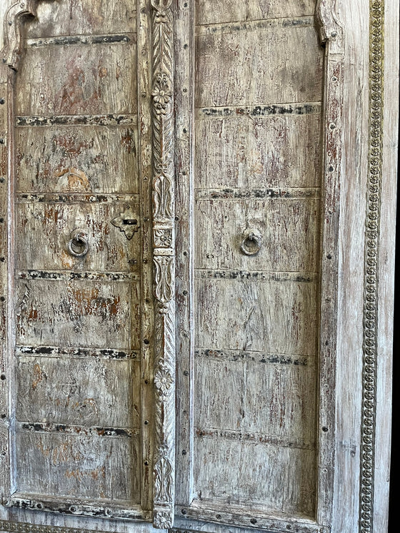 Antique Whitewash Door – Rustic Carved Farmhouse Barndoor with Brass Trim
