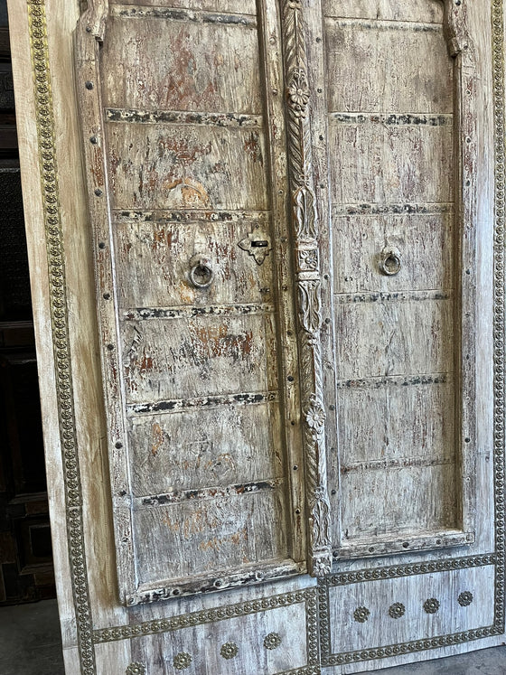 Antique Whitewash Door – Rustic Carved Farmhouse Barndoor with Brass Trim