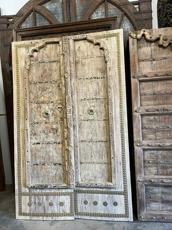 Antique Whitewash Door – Rustic Carved Farmhouse Barndoor with Brass Trim