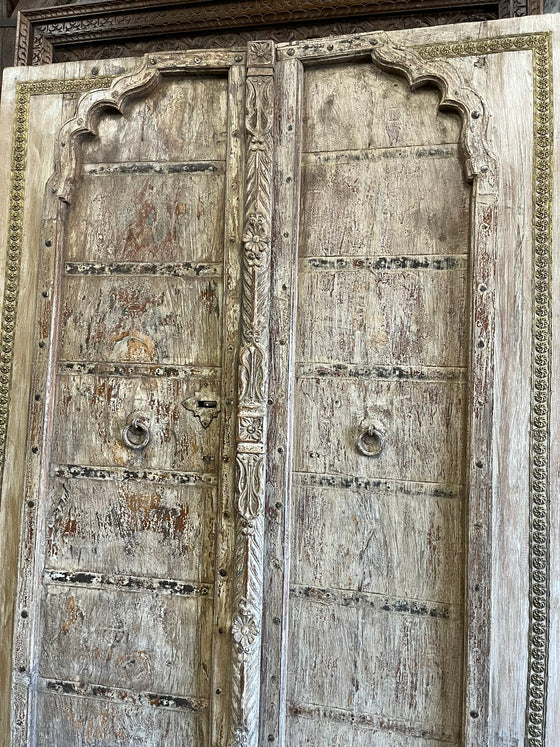 Antique Whitewash Door – Rustic Carved Farmhouse Barndoor with Brass Trim