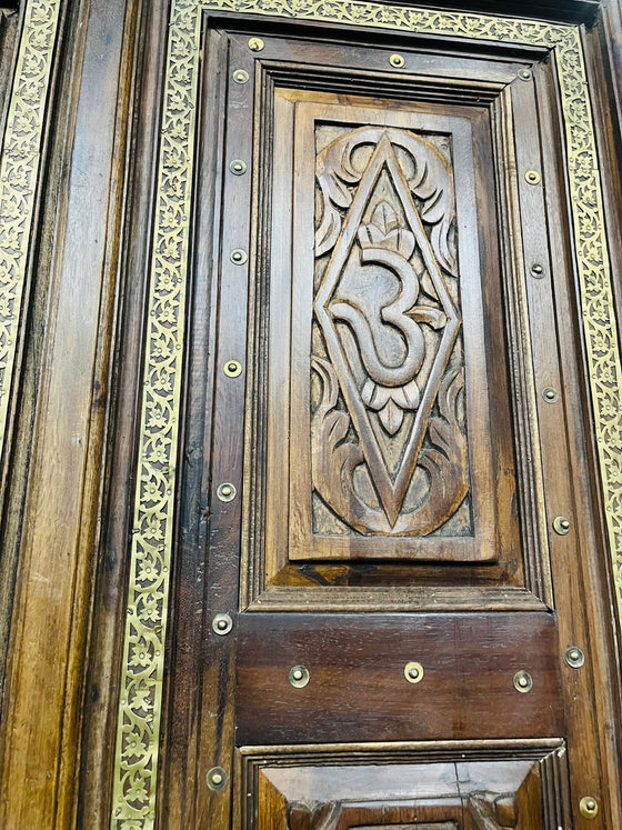 Vintage Indian Temple Door Ornate Hand Carved Om Double Doors 82