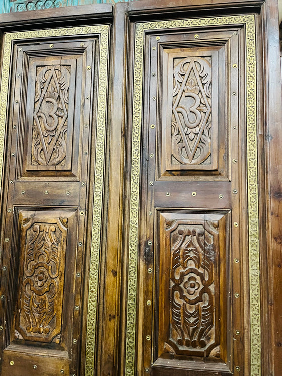 Vintage Indian Temple Door Ornate Hand Carved Om Double Doors 82