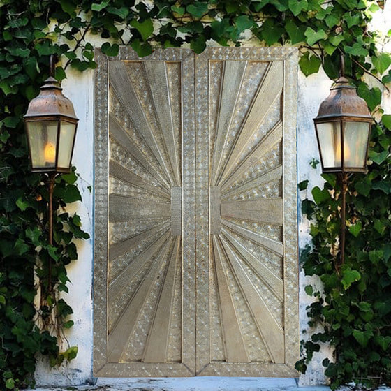 Vintage Brass Cladded Door Panel Rustic Farmhouse Carved Double Doors