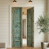 Antique Indian Door Rustic Wooden Double Doors with Brass Trim  81.5