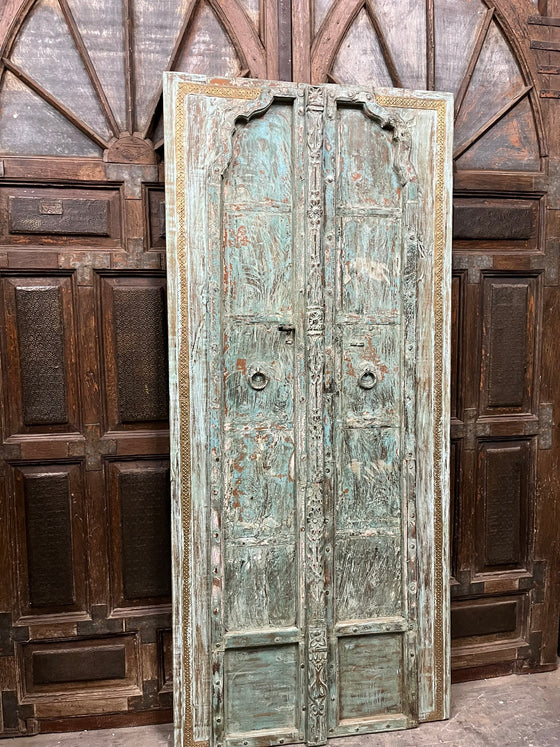 Antique Authentic Blue Door Rustic Farmhouse Hand Carved Garden Door