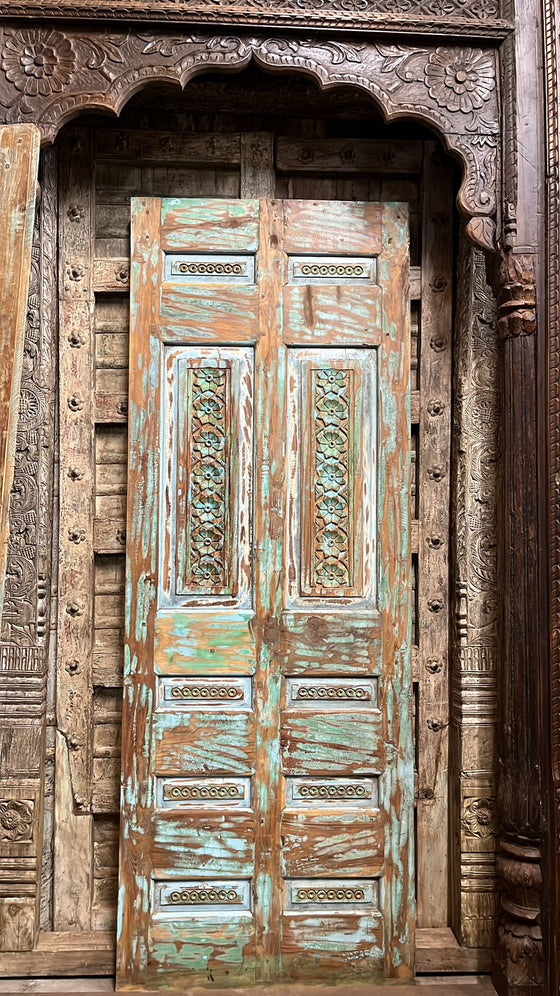 Vintage Carved Door Green Hues Teak Wood Sliding Barndoor 80x23
