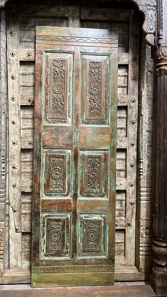 Antique Carved Door Vintage Green Hues Rustic Teak Door Panel 80x26