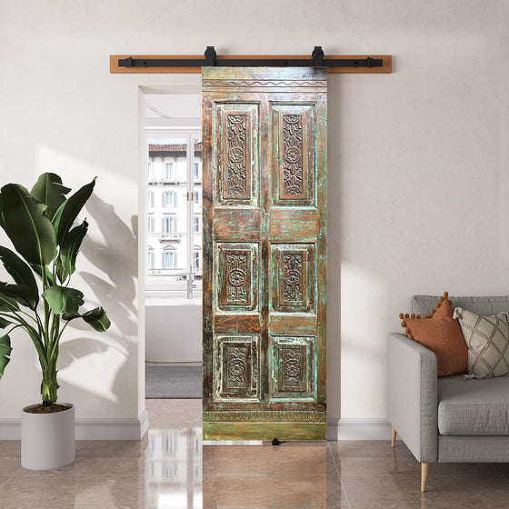 Antique Carved Door Vintage Green Hues Rustic Teak Door Panel 80x33